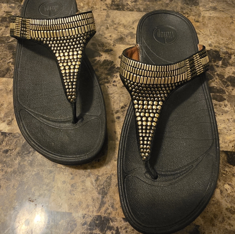 Fitflop Black and Gold Women's Sandals, Size 8
